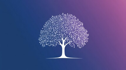A minimalist tree graphic with a white outline on a gradient blue-to-purple background