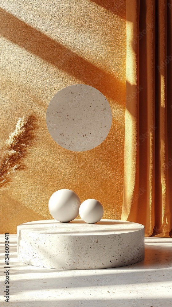 Aufkleber Soft sunlight filters through golden curtains, casting gentle shadows on a round platform. Two spherical objects rest elegantly, complemented by a floating circle in a vibrant orange backdrop