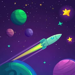 rocket soaring into space: planets, stars, and comets in a purple, green, and blue gradient color scheme, minimalistic and colorful design, perfect for posters, banners. Cosmonautics Day