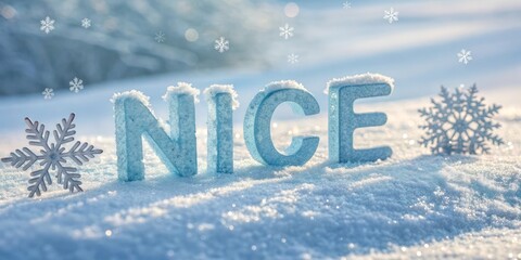"NICE" written in frosty, icy letters with snowflakes around it.