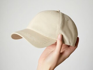 Product photograph of a beige baseball cap with empty place for text