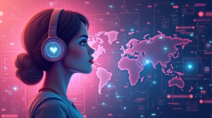 Inspiring action of a woman listening to music virtual world digital art futuristic environment side view