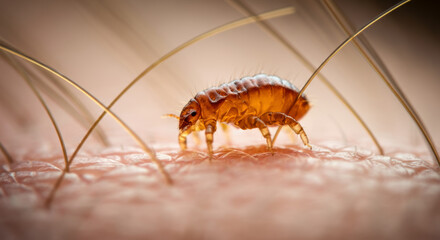 Intricate macro view of a louse navigating human hair on a scalp with translucent body details