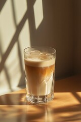 Iced latte in glass with sunlit shadows on wooden surface