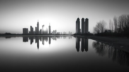 Naklejka premium City skyline reflected in calm lake at sunrise