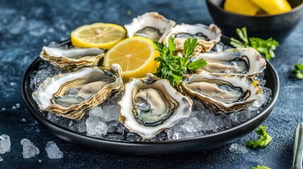 A plate of fresh oysters on ice with lemon slices against a dark navy blue background