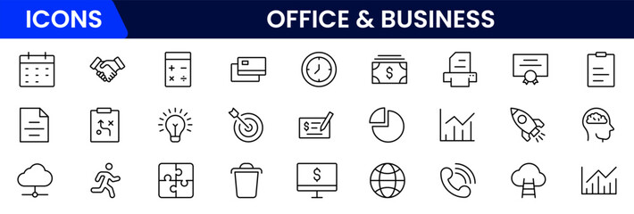 Office and Business line icons collection. Big UI icon set in a flat design. Thin outline icons pack. Vector illustration
