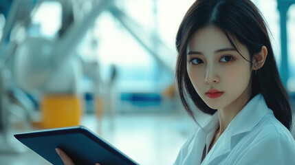 focused Asian female professional in white lab coat holds tablet, showcasing modern workspace with soft lighting and blurred background, conveying sense of determination and professionalism