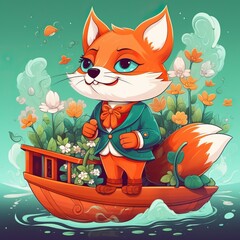 Whimsical cartoon fox in suit sailing on flower boat with butterfly in fantasy scene