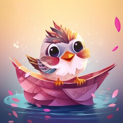 Obraz premium Cute cartoon bird on origami boat with petals in water