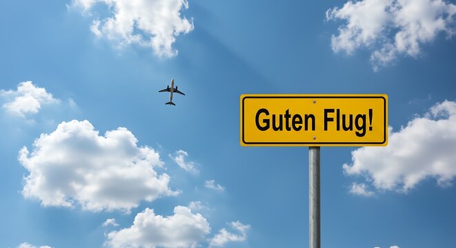 Airplane Flying Over Yellow Guten Flug Sign Against Blue Sky with White Clouds