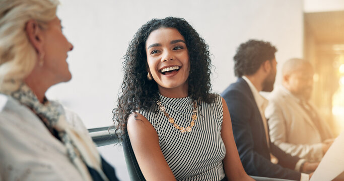 Business, laughing and women in seminar, group and colleagues in workshop for training or meeting. Conference, information and coworkers with notes for presentation, audience and people in boardroom