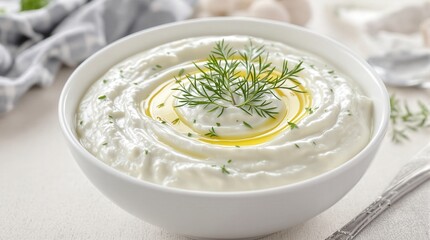Delicious Greek tzatziki sauce with fresh garnish presented in a white bowl