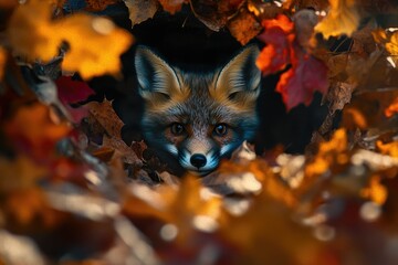 A red fox peeks from behind a vibrant autumn foliage, its eyes captivating.