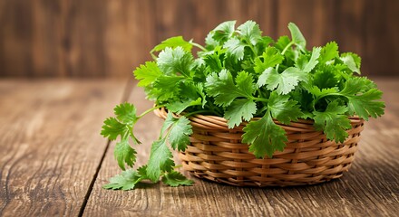 Fototapeta premium Fresh Cilantro in a Rustic Wicker Basket on Wooden Table