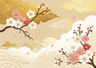 金色の雲と梅の和風背景素材