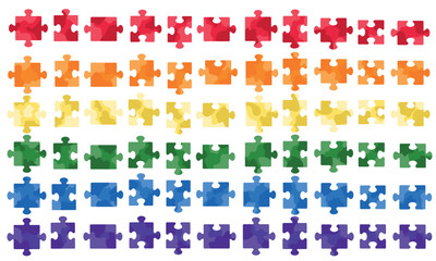 Big collection of jigsaw puzzle pieces designs isolated on white background. Hand drawn vector illustration in flat style. Red, orange, yellow, green, blue purple rainbow concept, autism