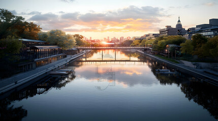 Fototapeta premium Tranquil City River Scene Reflecting Golden Sunset Sky Under Bridge in Urban Landscape