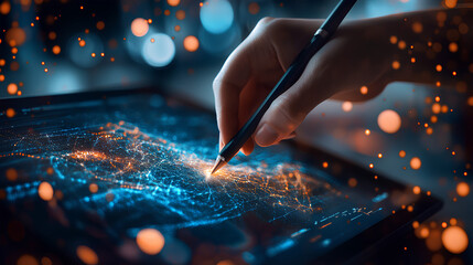 AI image creation technology. Person using digital pen and tablet to AI software to generate images, screen visual, AI Prompt, Image generated by artificial intelligence. photo, creativity art picture