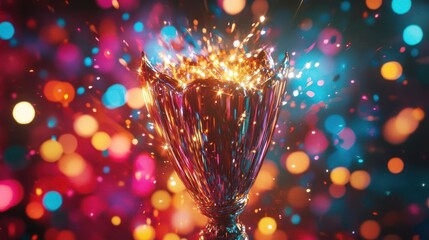 Glittering trophy surrounded by vibrant bokeh lights and sparkling effects, celebrating victory