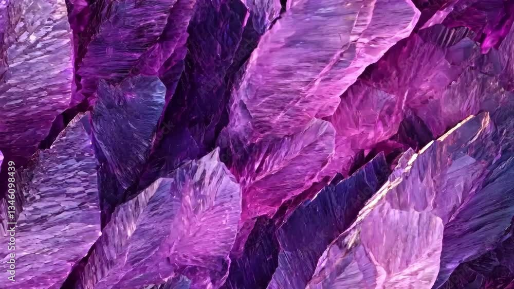 Poster close-up view of vibrant purple rutilated amethyst crystals with sharp edges, showcasing intricate t