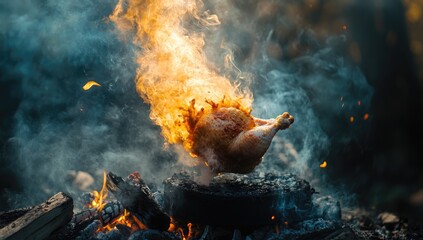 Naklejka premium Roasted chicken, flames, smoke