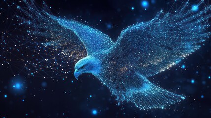 Abstract digital eagle in flight, glowing particles.