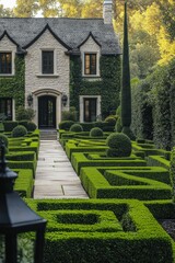 Elegant garden design showcases neatly trimmed hedges and a charming stone house in a serene setting during the golden hour