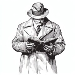 A man in a hat and coat is reading a book