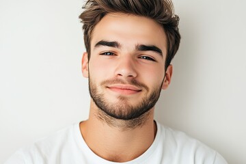 Fototapeta premium Young man with a confident smile and tousled hair poses against a plain background in a casual white t-shirt