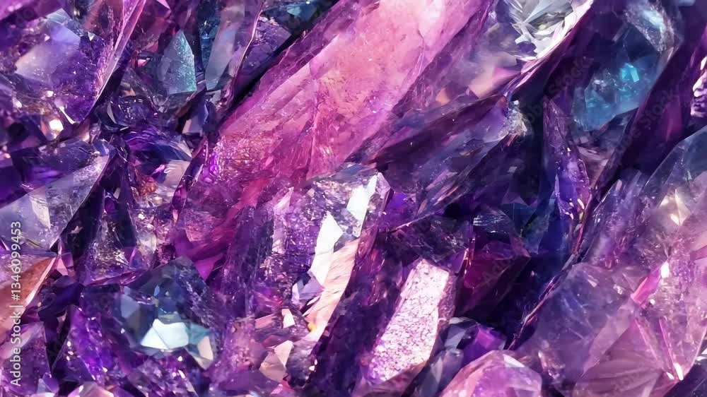 Poster close-up of vibrant purple and pink rutilated amethyst crystals with sharp edges and reflective surf