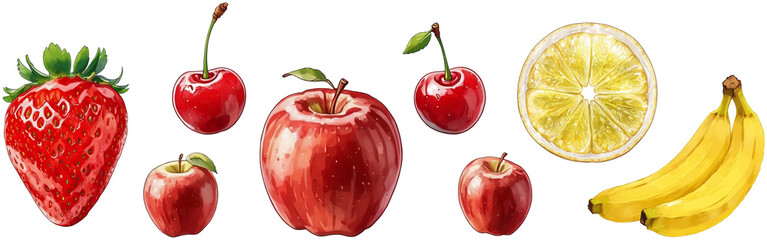 Various Fruit Illustrations - Strawberry, Cherry, Apple, Lemon, Banana