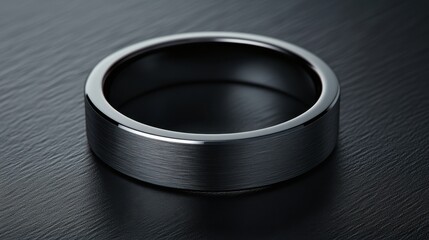 A stylish mens tungsten ring on a bold matte black background with soft lighting
