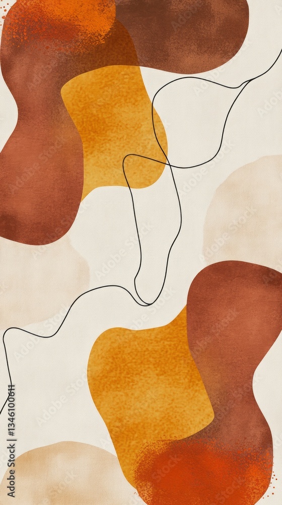 Poster richly colored organic shapes in shades of red, orange, and beige intermingle on a soft background, 