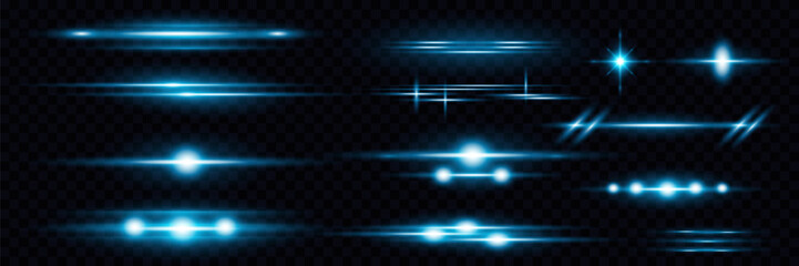 Set of blue horizontal glare and glowing neon lines. Laser beams of light. Explosion of light horizontal flash. On transparent background.