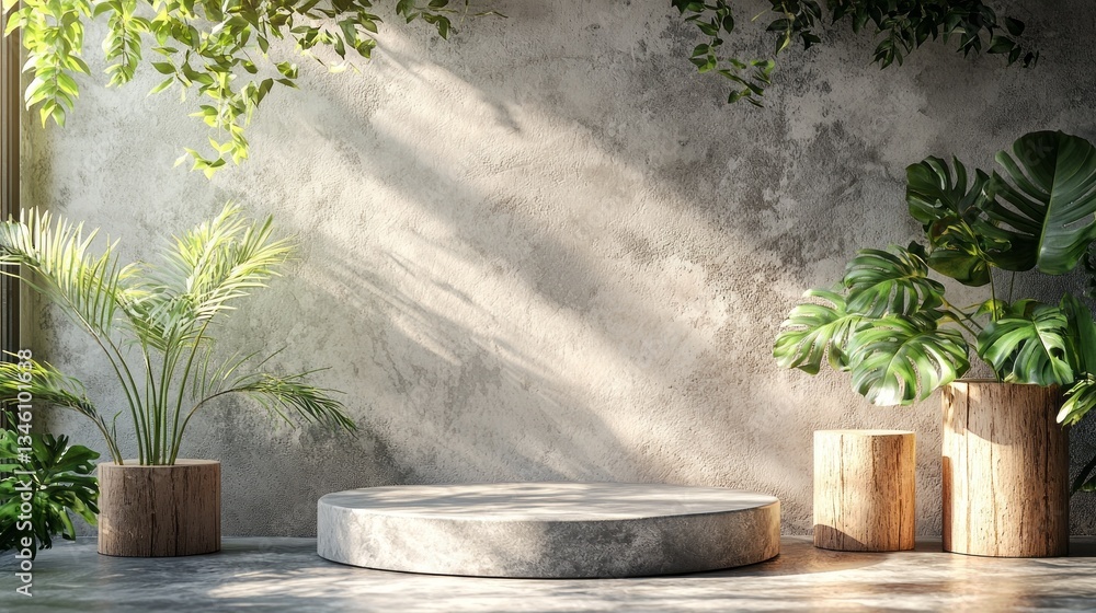 Poster soft beams of daylight filter through lush greenery, highlighting a minimalist design with potted pl
