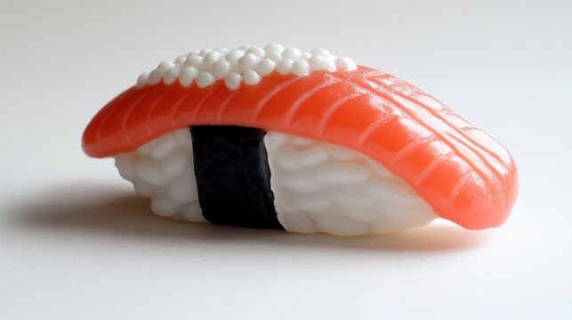 A tiny rubber sushi keychain with detailed fish and rice textures on a soft white background