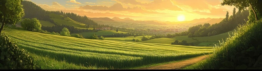 Obraz premium The sun is slowly setting over a lush green field of rice crops