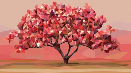 A vector illustration of a tree with polygonal leaves on a futuristic metallic background
