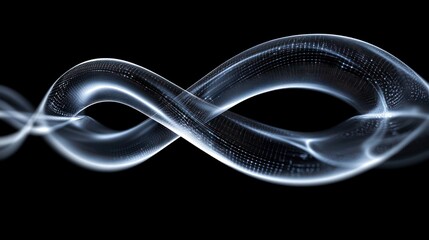 Abstract glowing infinity symbol, swirling light trails on black background.