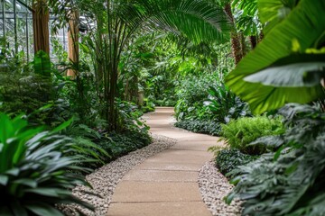 A gravel path winds through a vibrant garden of flowers and plants