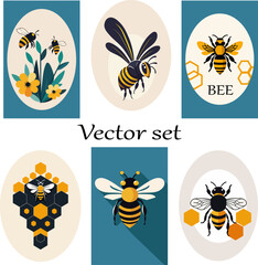 Bee and honeycomb in emblem.Collection of color vector illustrations with bees and honeycombs.