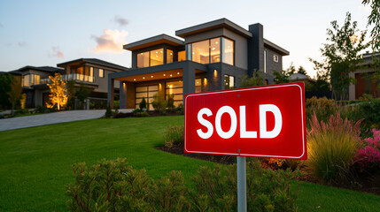 Obraz premium Modern luxury home features bold SOLD sign in an upscale neighborhood at sunset