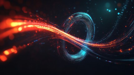 Abstract glowing red and blue light trails forming an infinity symbol on a dark background.