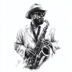 A man in a white shirt and hat playing a saxophone