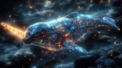 Glowing narwhal swimming through a cosmic ocean filled with stars and vibrant colors © riski