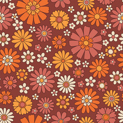 PrintVintage floral background. Fabric and surface pattern design with simple flowers. Hippie style vector seamless pattern. Nostalgic retro 70s groovy allover print.