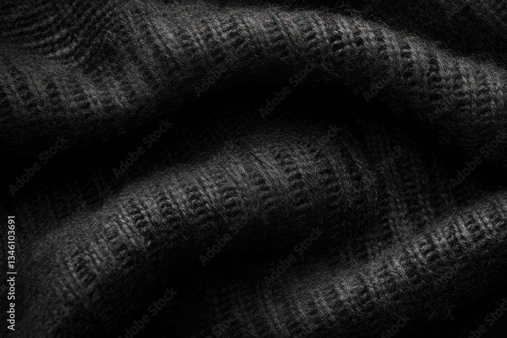 Poster soft black knit fabric draped on surface with textured patterns and gentle shadows