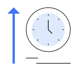 Blue clock face with minimal black hour and minute hands next to upward arrow symbolizing progress, growth. Ideal for time management, productivity, goals, improvement, efficiency, strategy, success