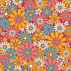 PrintVintage floral background. Fabric and surface pattern design with simple flowers. Hippie style vector seamless pattern. Nostalgic retro 70s groovy allover print.